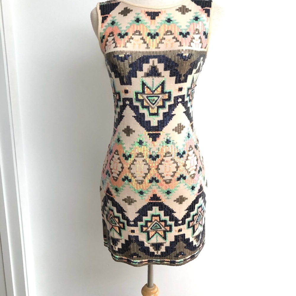 Sequin Aztec Bodycon Mini Dress in Cream and Mint